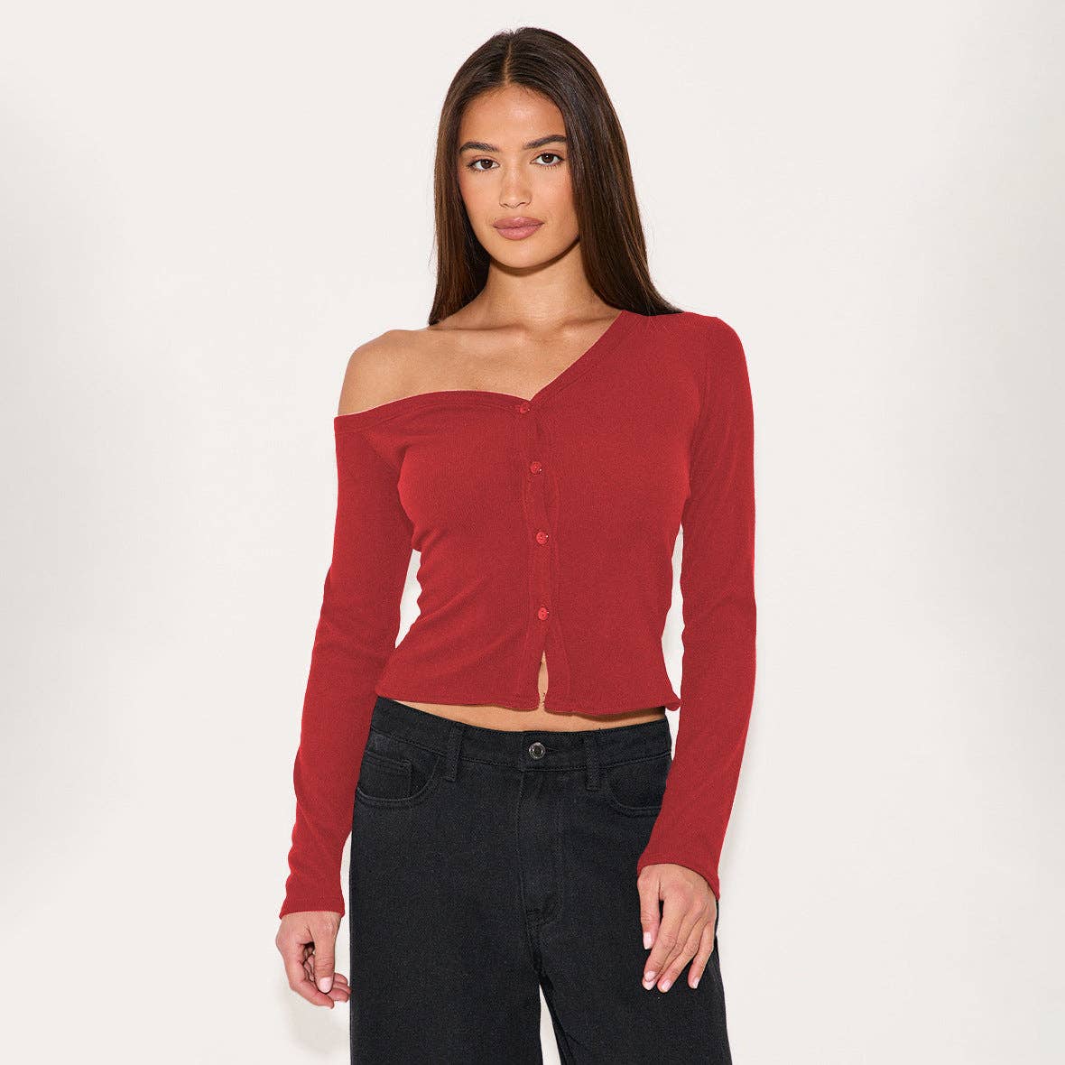 Asymmetrical Neck Long Sleeve Button Knit Cardigan T-Shirt: E25T1624-002 / M