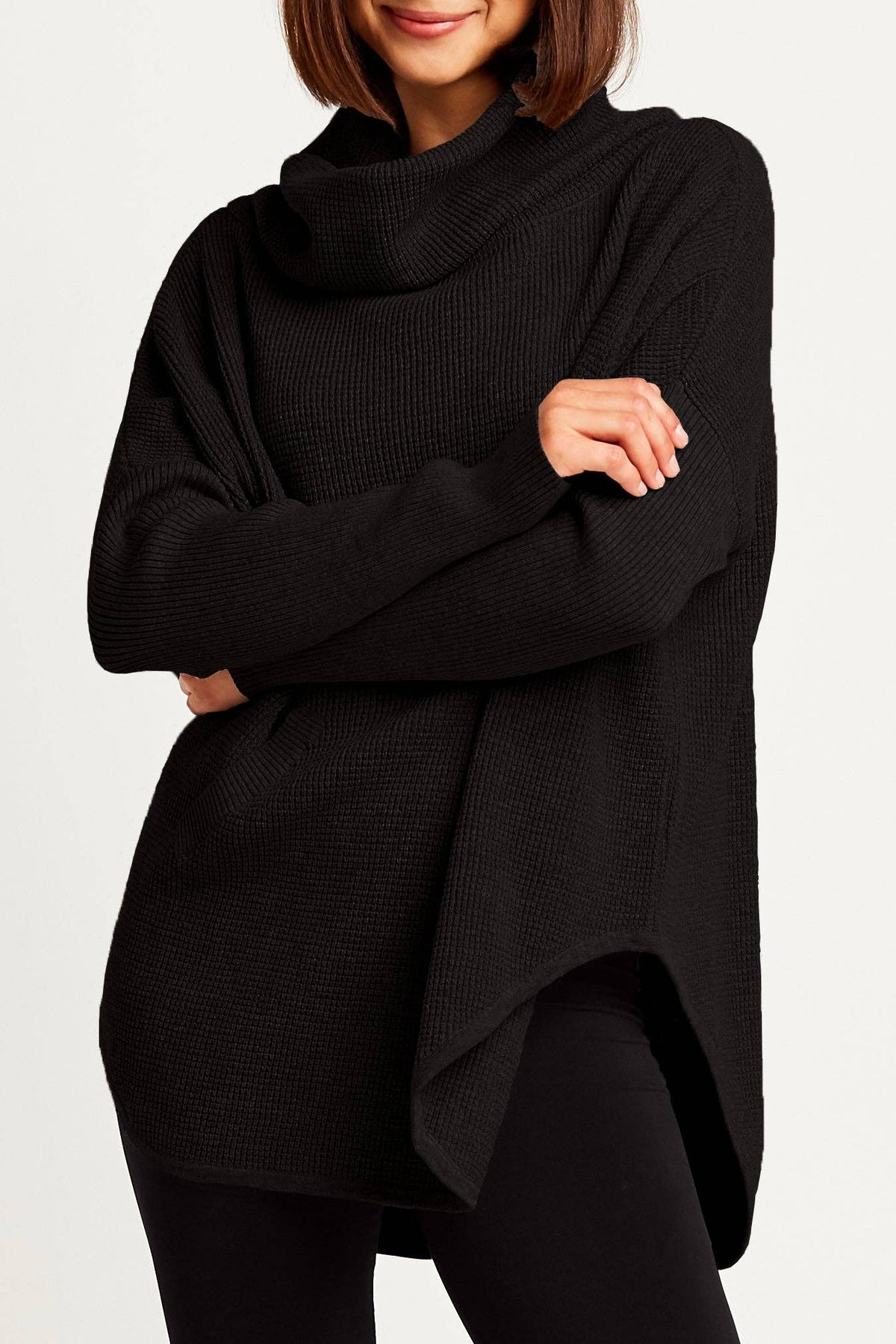 Pima Cotton Waffle Cowl Sweater - Black: Black