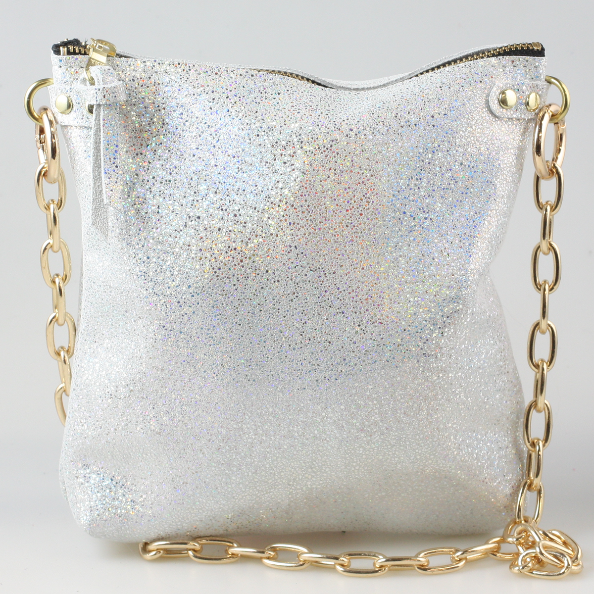 The Fancy Jane Shoulder bag and Crossbody bag: Celestial: Gold burnout on White hair-on-hide / Lined / Gold Shoulder Chain
