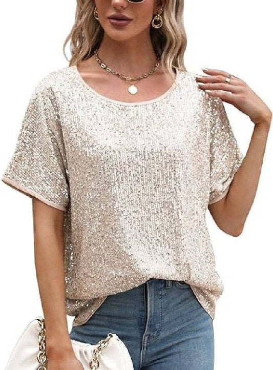 Sequin Deep V-Neck Short Sleeve Top: Gold / S