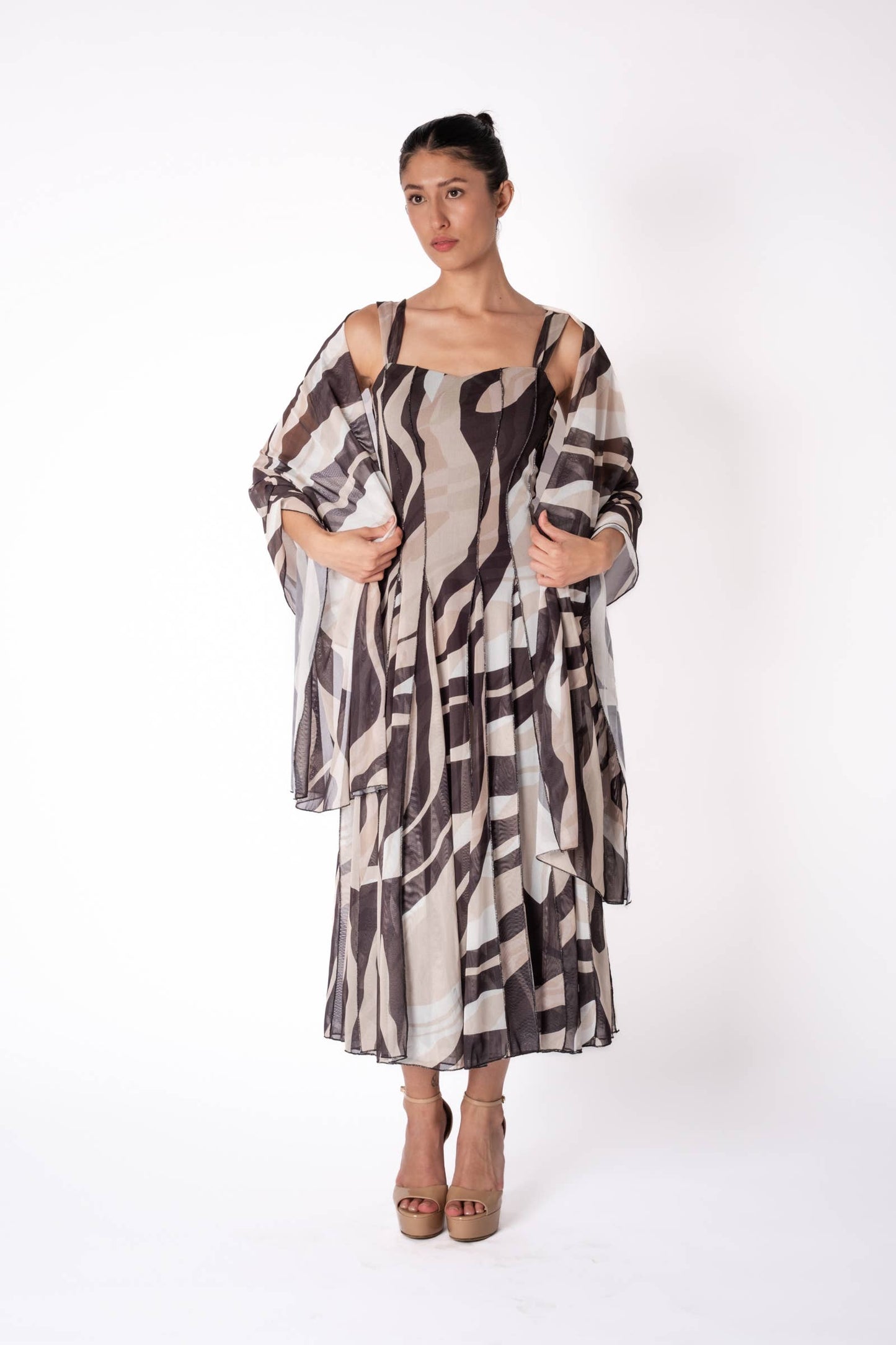 LISA Sleeveless Tea Length Fit N Flare Paneled Dress - Elana Kattan