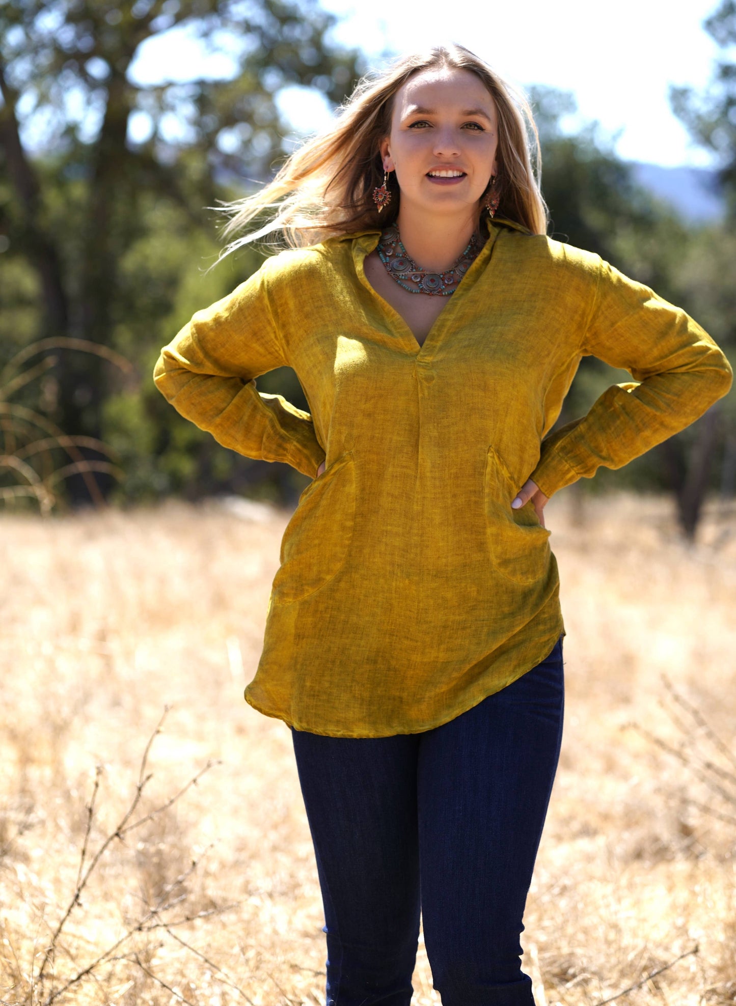 Anoushka Linen Top Mustard