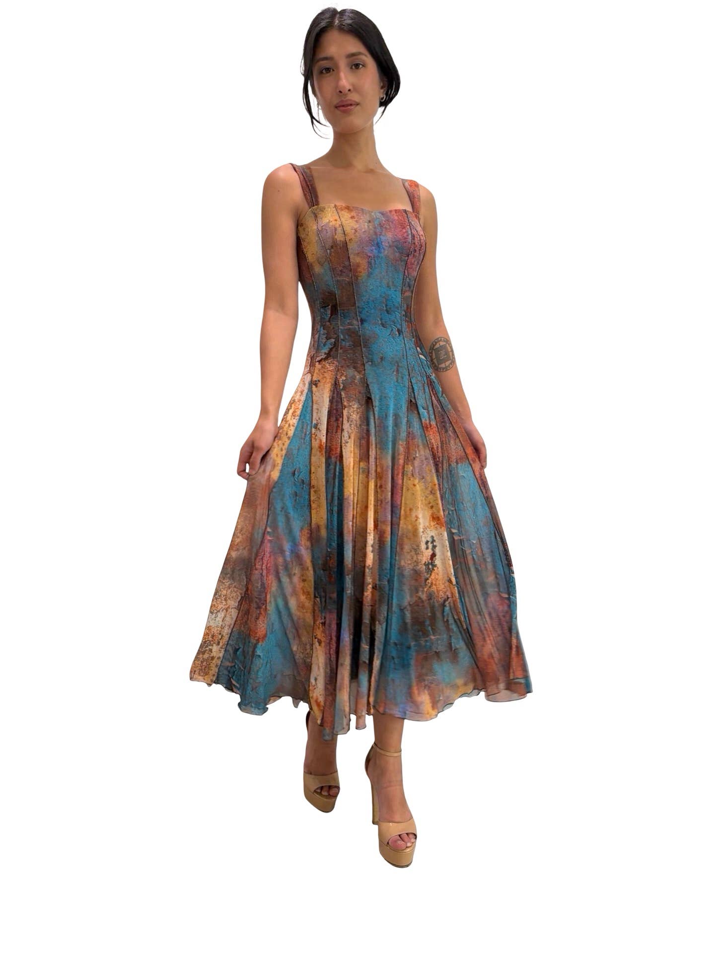 MONET Sleeveless Tea Length Fit N Flare Paneled Dress : XS