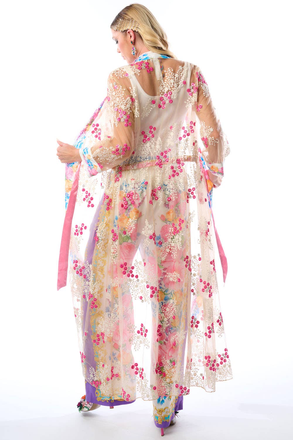 Blossom Duster | Beaded Floral Mesh Coat Robe Coverup: White/Fuchsia/Tea Mesh Combo / M