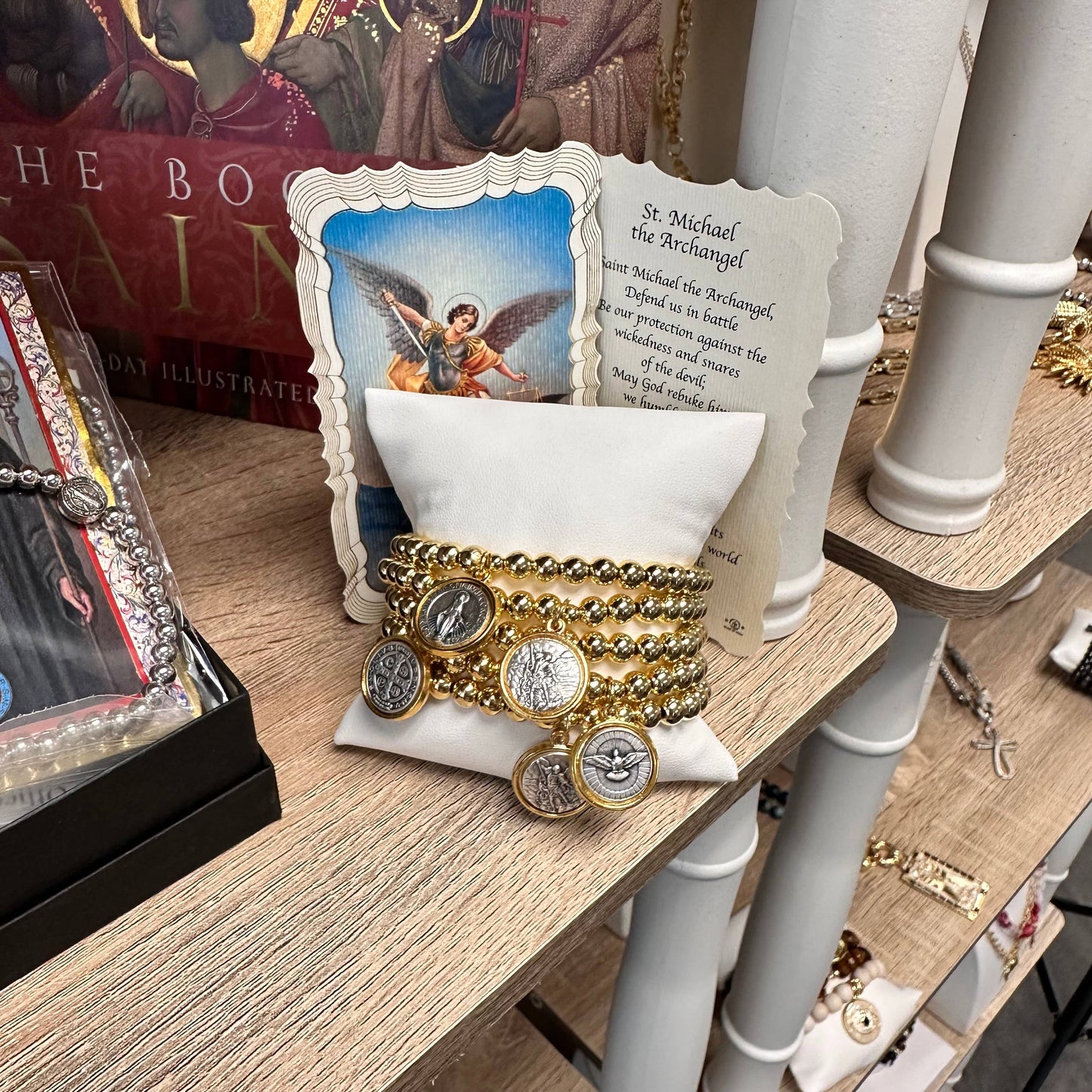 Catholic Medal Saint Stretch Bracelets  & Prayer Cards: Yellow Gold / St. Michael