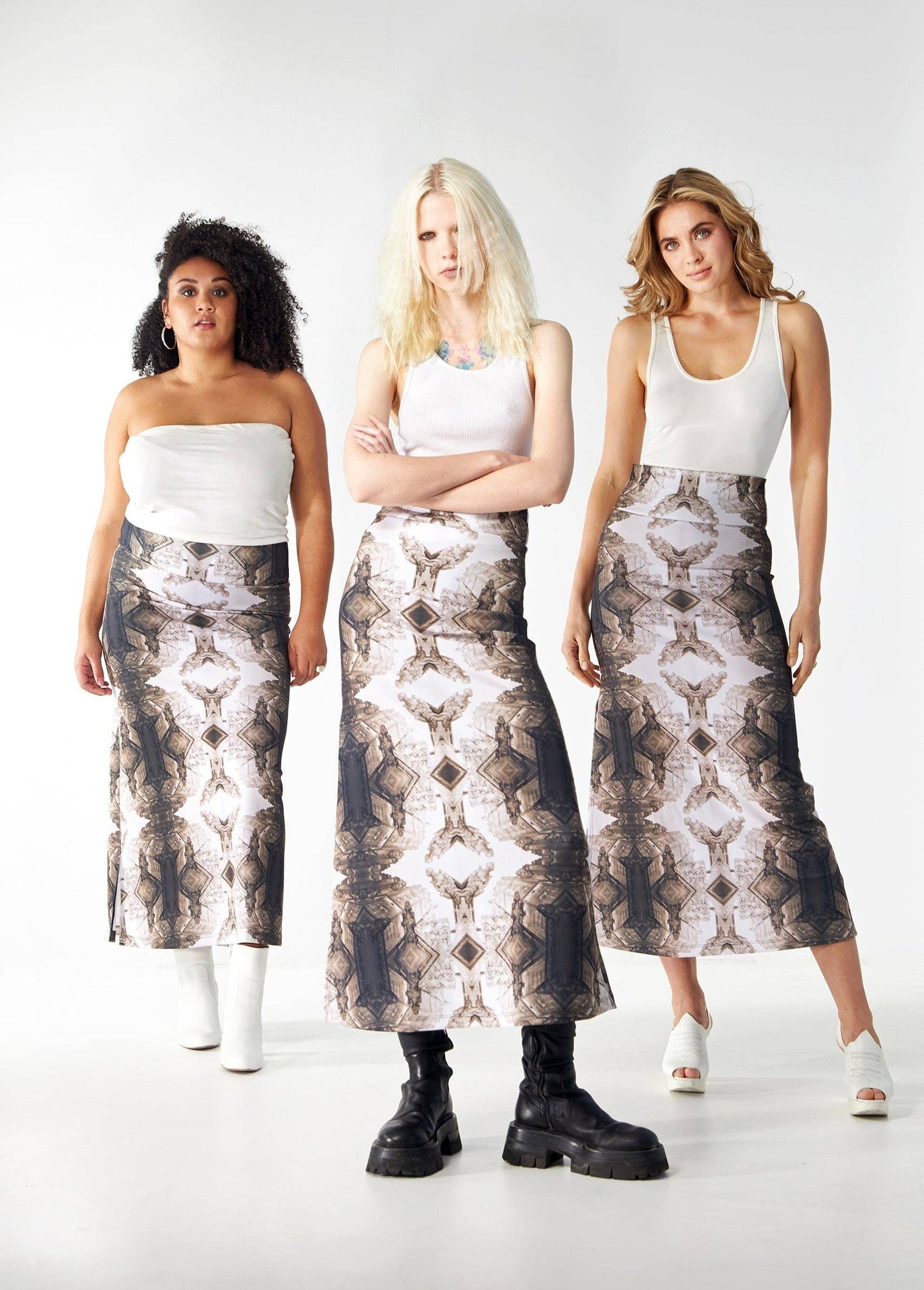Babs Body-hugging Midi Skirt - Sepia Gargoyles Print Design: Sepia / X-Small / Gargoyles