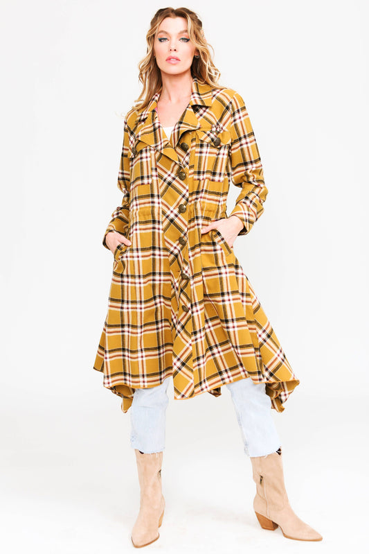Coco Plaid Trench Coat: Mustard Combo / M