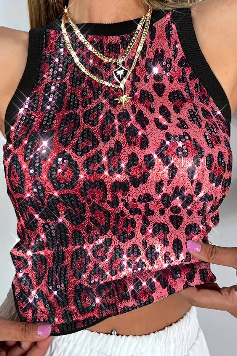Leopard Print Sequin Tank Top: RED / M