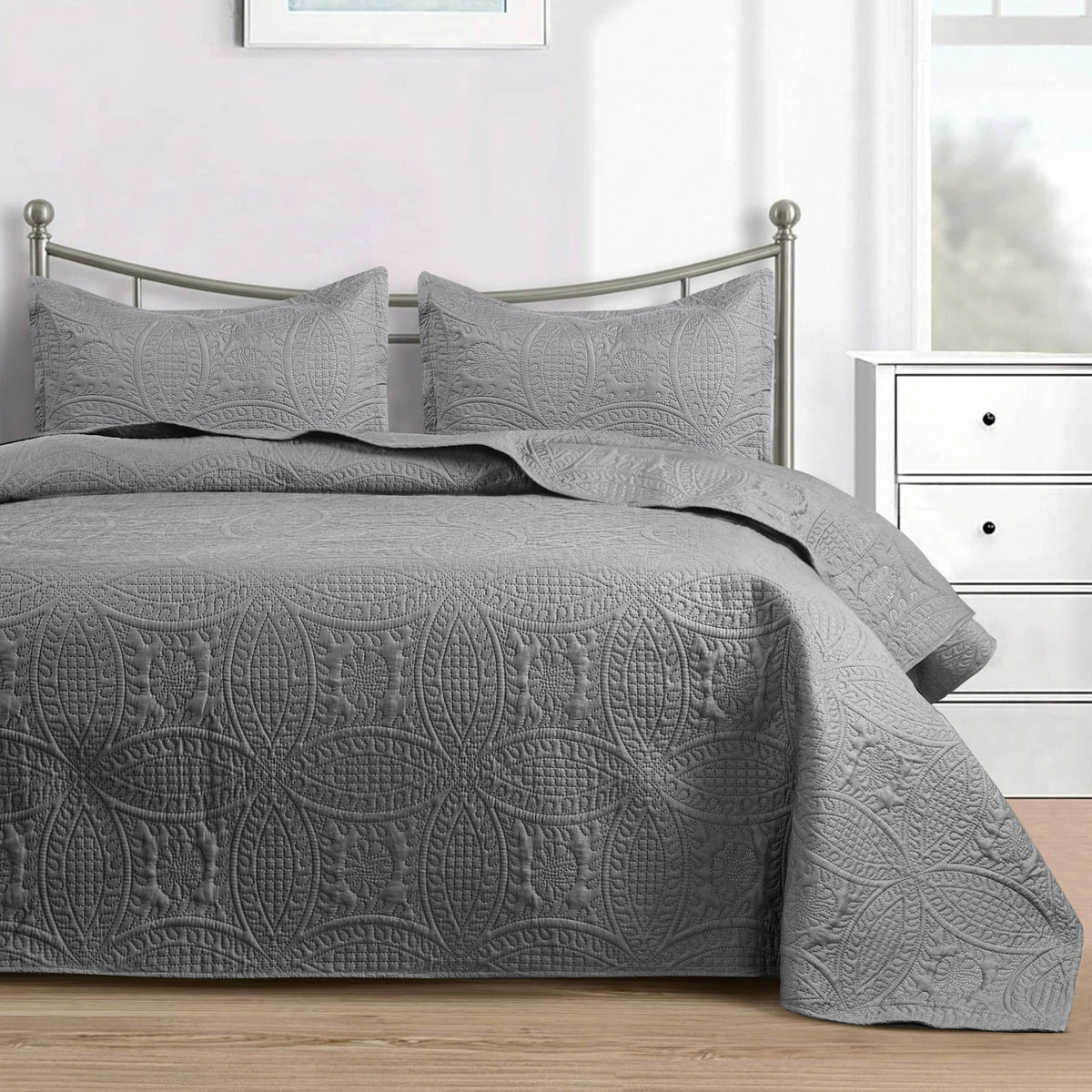 Quilted Bedspread 3 Pc Coverlet Bedding Quilt Set All Season: Full/Queen / Grey