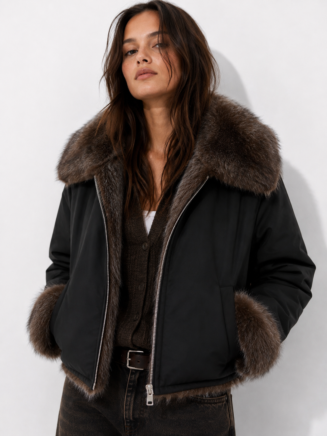Dumbo Reversible Faux Fur & Leather Bomber Jacket Fur Jacket: Khaki/Khaki / S/M