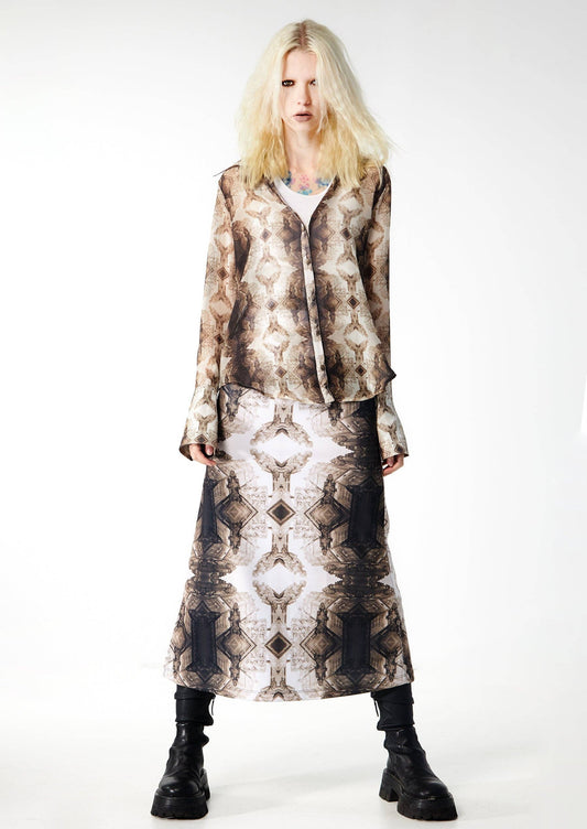 Babs Body-hugging Midi Skirt - Sepia Gargoyles Print Design: Sepia / Small / Gargoyles