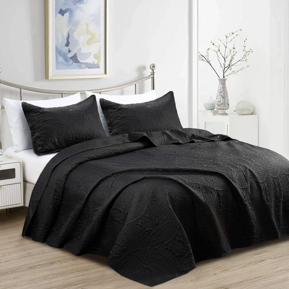 Quilted Bedspread 3 Pc Coverlet Bedding Quilt Set All Season: Full/Queen / Grey