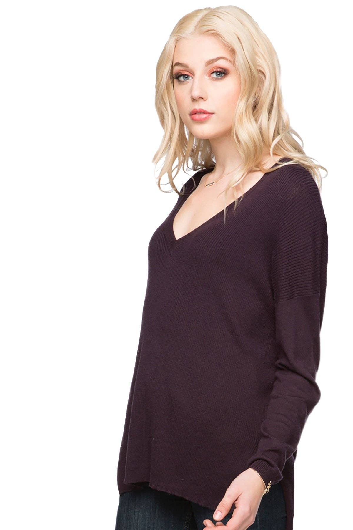Zen Blend Emma Textured V-neck Pullover Sweater: Admiral / Zen Blend / M/L