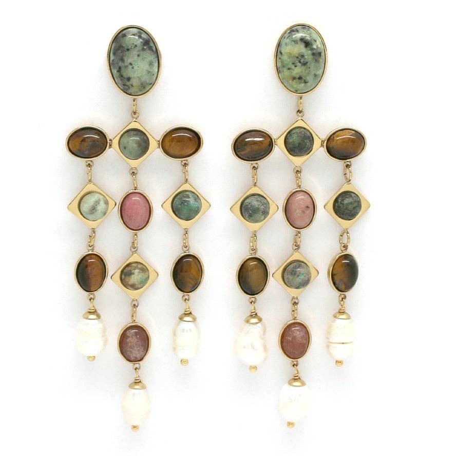 African Turquoise Pearl Mix Chandelier Earrings - E4-358