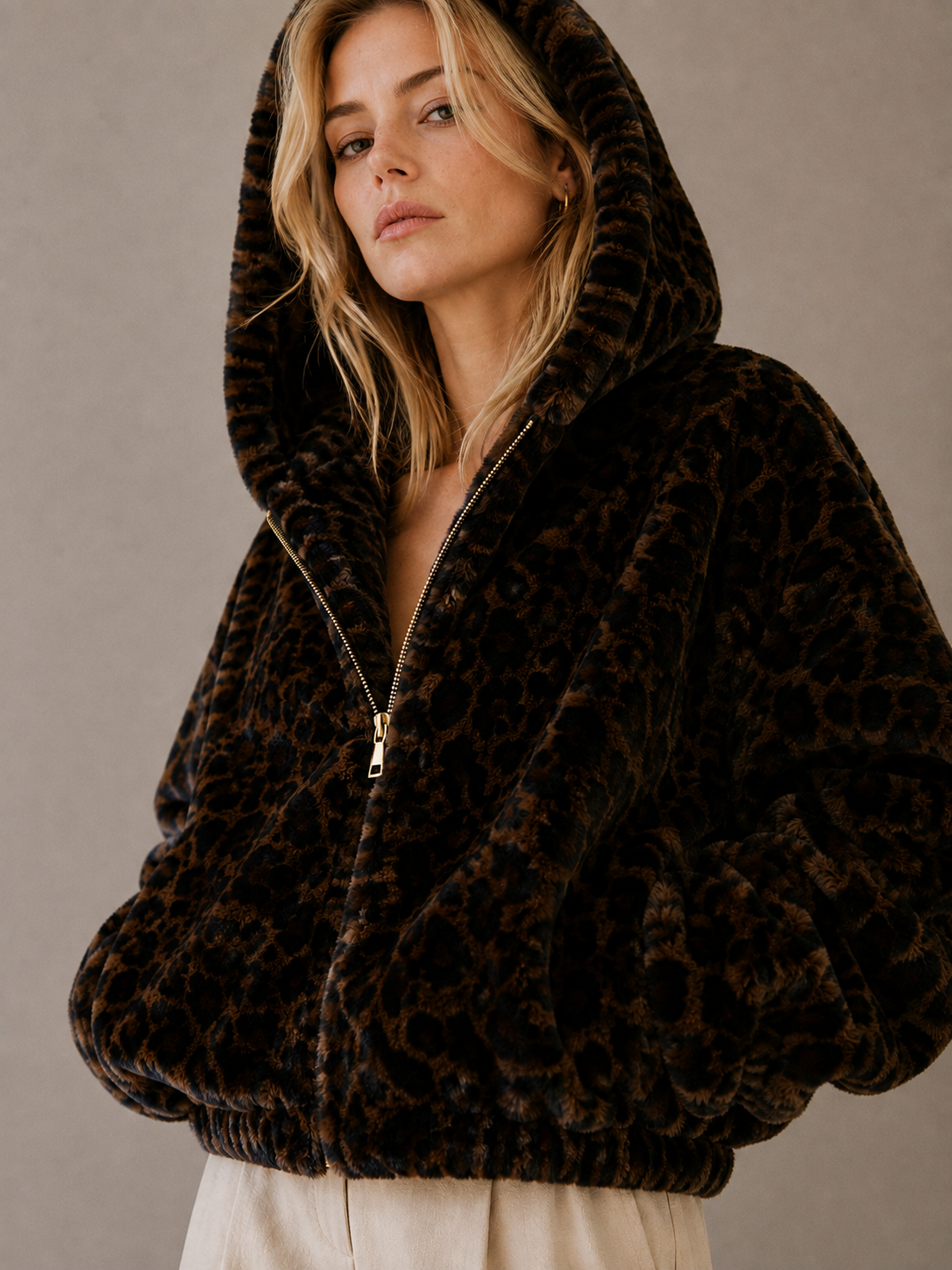 Oyster Bay Jacket — Hooded Faux Fur Zip Jacket: Espresso Leopard / S/M
