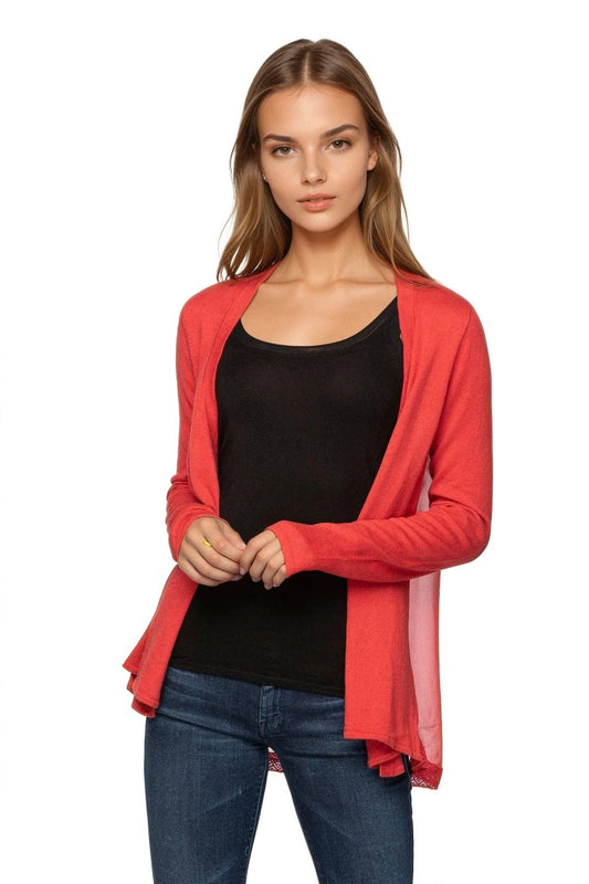 Effortless Silk Chiffon Panel Back Sweater Knit 2-Way Cardigan Wrap: Capri / S/M