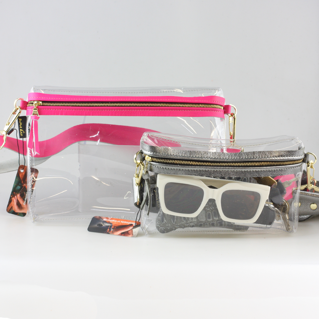 The CLEAR Stadium Hip Bag / Shoulder Bag: 2sizes: Platinum / 11"x8" / Matching Leather Strap