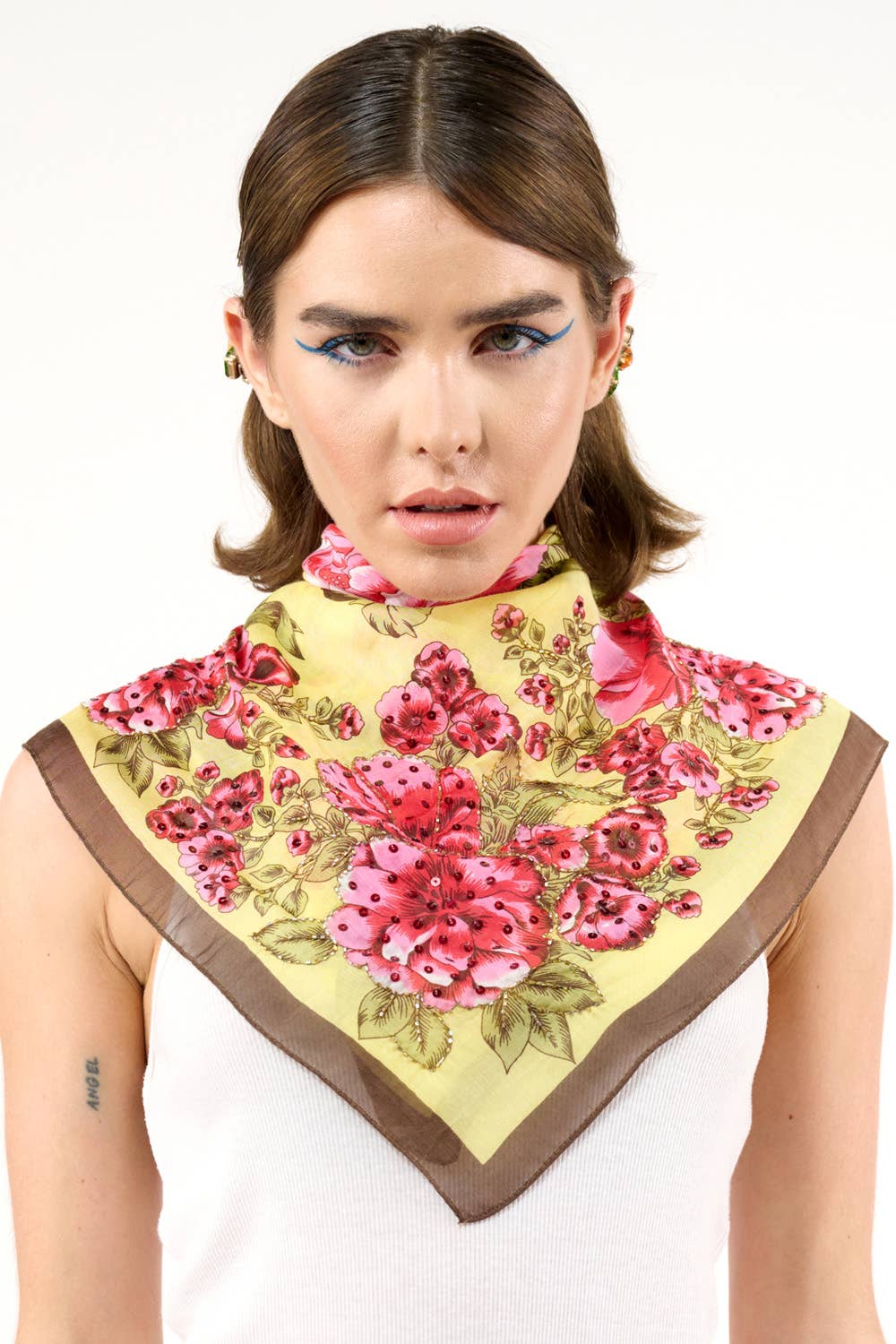 Beauty Hand Embellished Bandana Scarf: Yellow/red floral / One Size