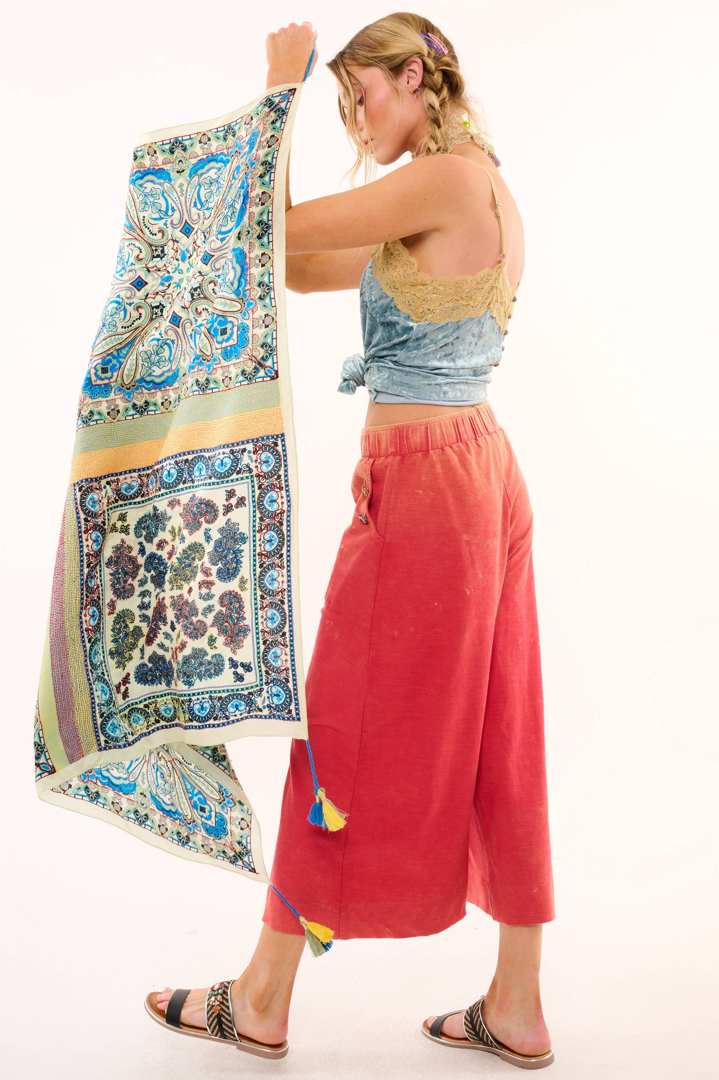 Crafted Hand Stitched Silk Scarf: Sage/Blue Combo / One Size