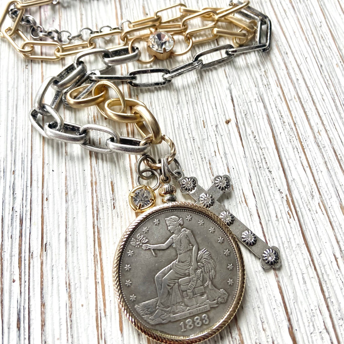 Coin necklace mixed metal jewelry vintage boutique jewelry