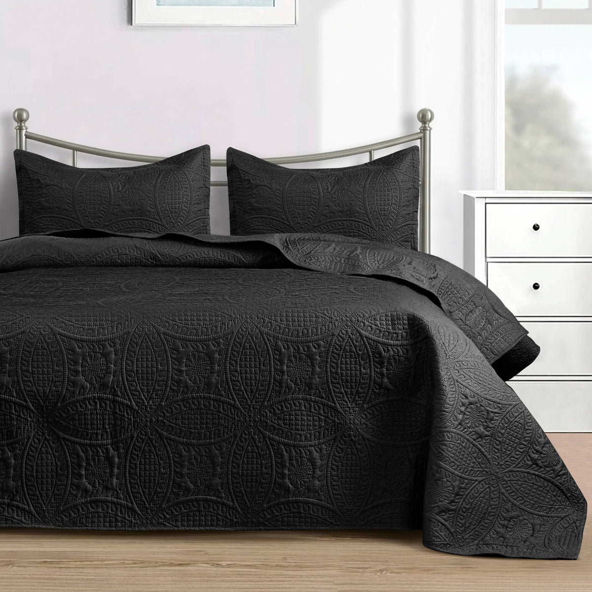 Quilted Bedspread 3 Pc Coverlet Bedding Quilt Set All Season: Full/Queen / Grey