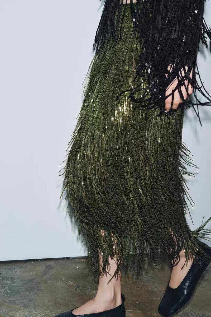 Fringe Maxi Skirt: GREEN / M