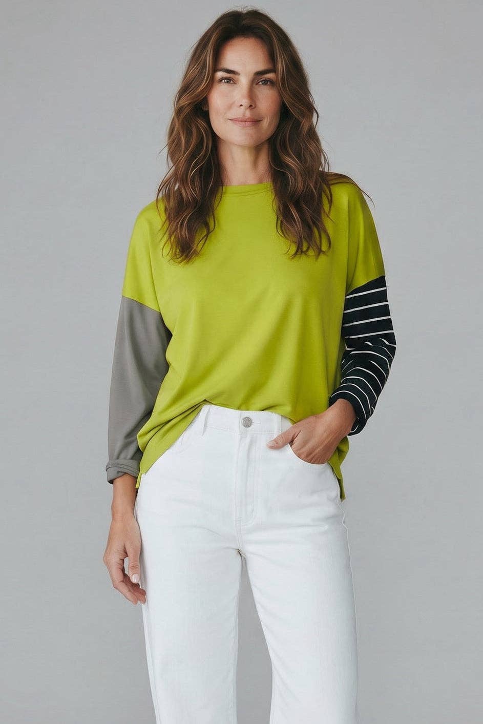Pima Cotton Mixed Media Boxy T-Shirt - Guacamole/Loden: Guacamole/Loden