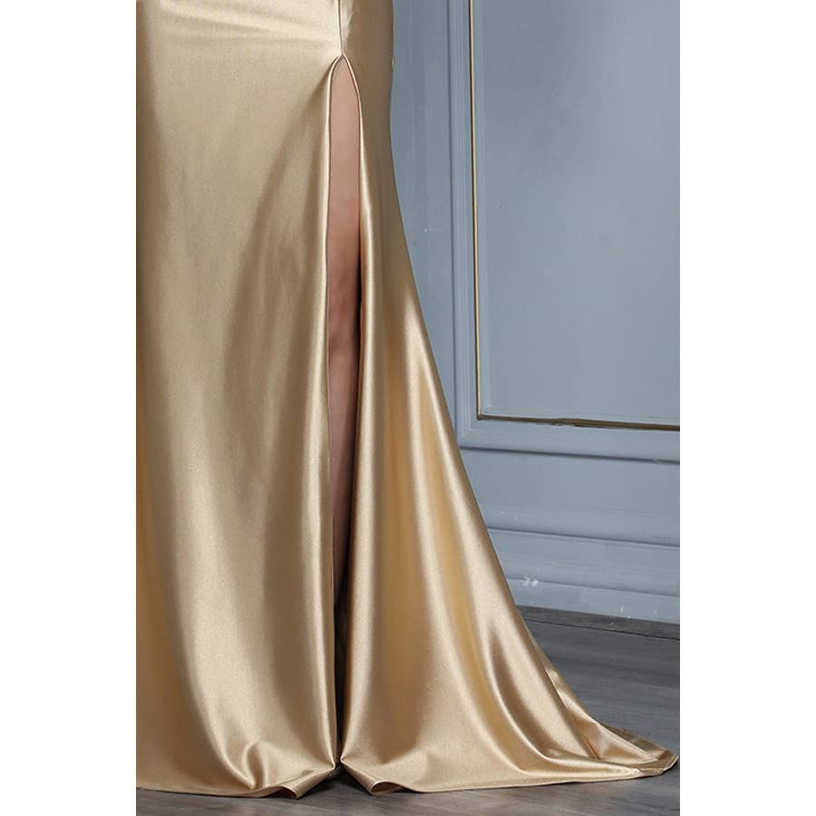 Embroidered Illusion Corset Satin Gown: Champagne / 8