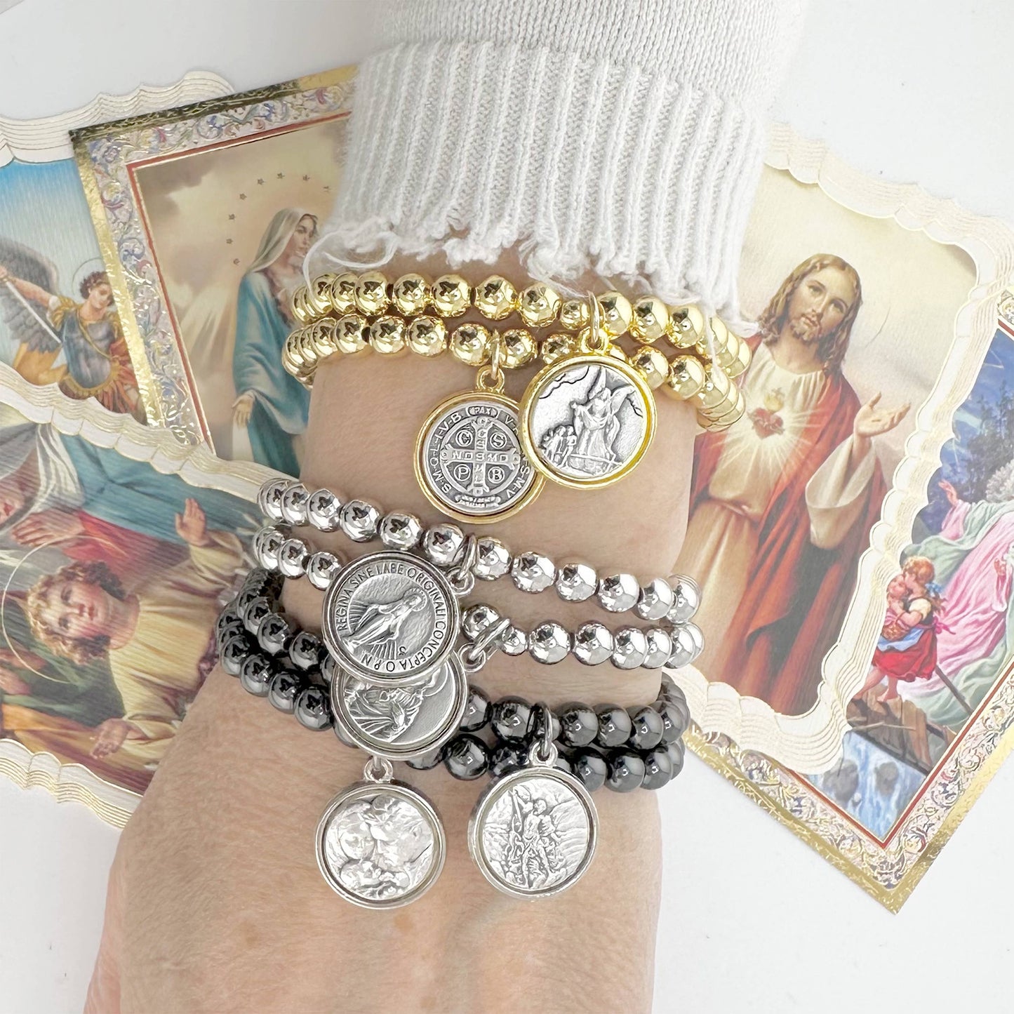 Catholic Medal Saint Stretch Bracelets  & Prayer Cards: Yellow Gold / St. Michael