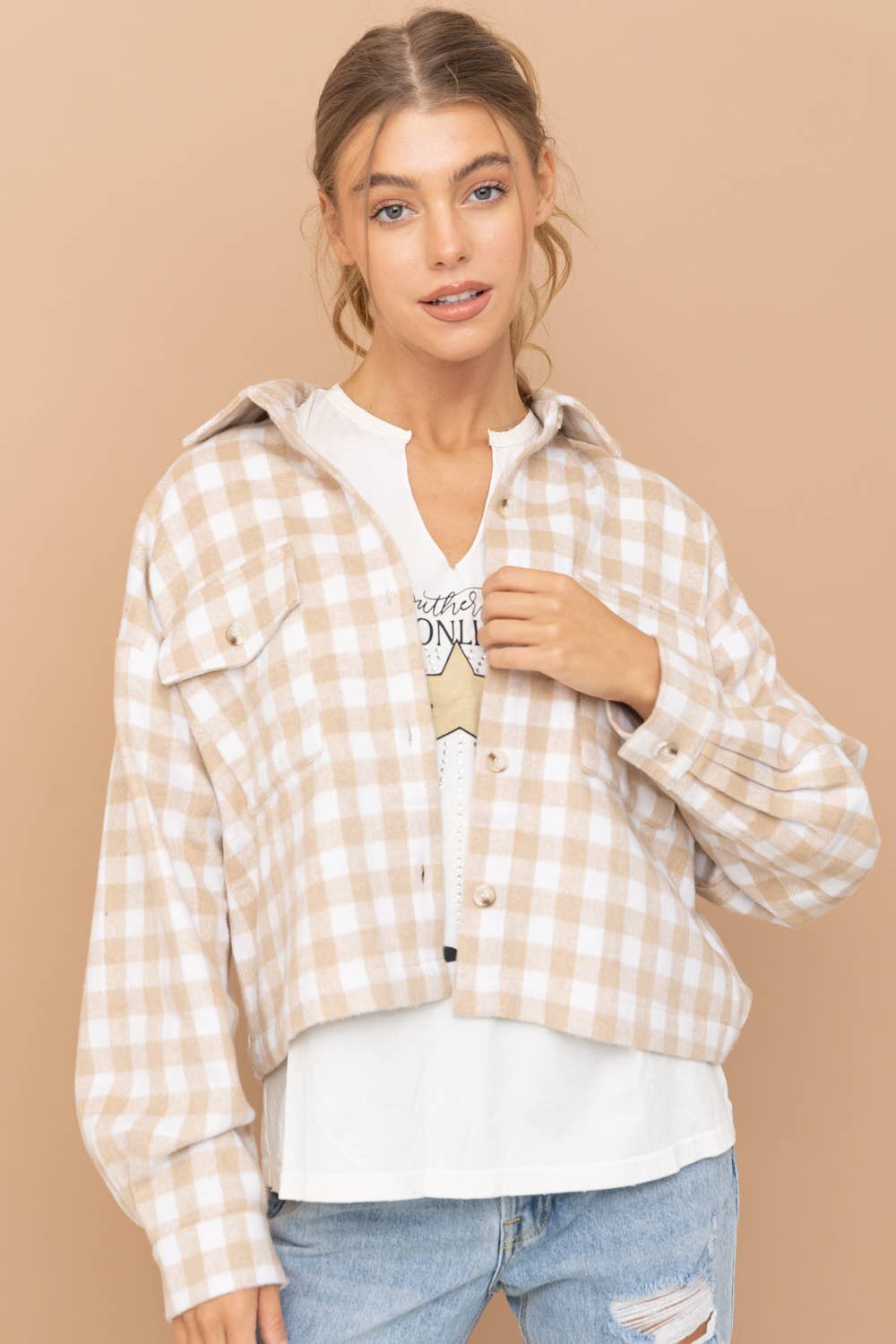 31857J - Yarn Dyed Brushed Crop Pocket Front Shirt Jacket: ROSE / S