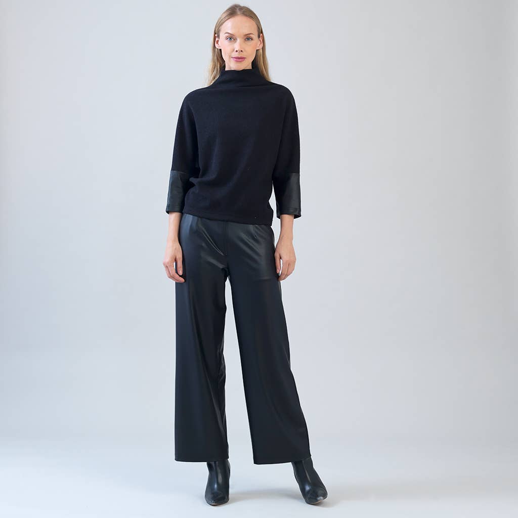 T223WLR - Plush Ribbed - Liquid Leather Cuff Sweater Top: Black / XL