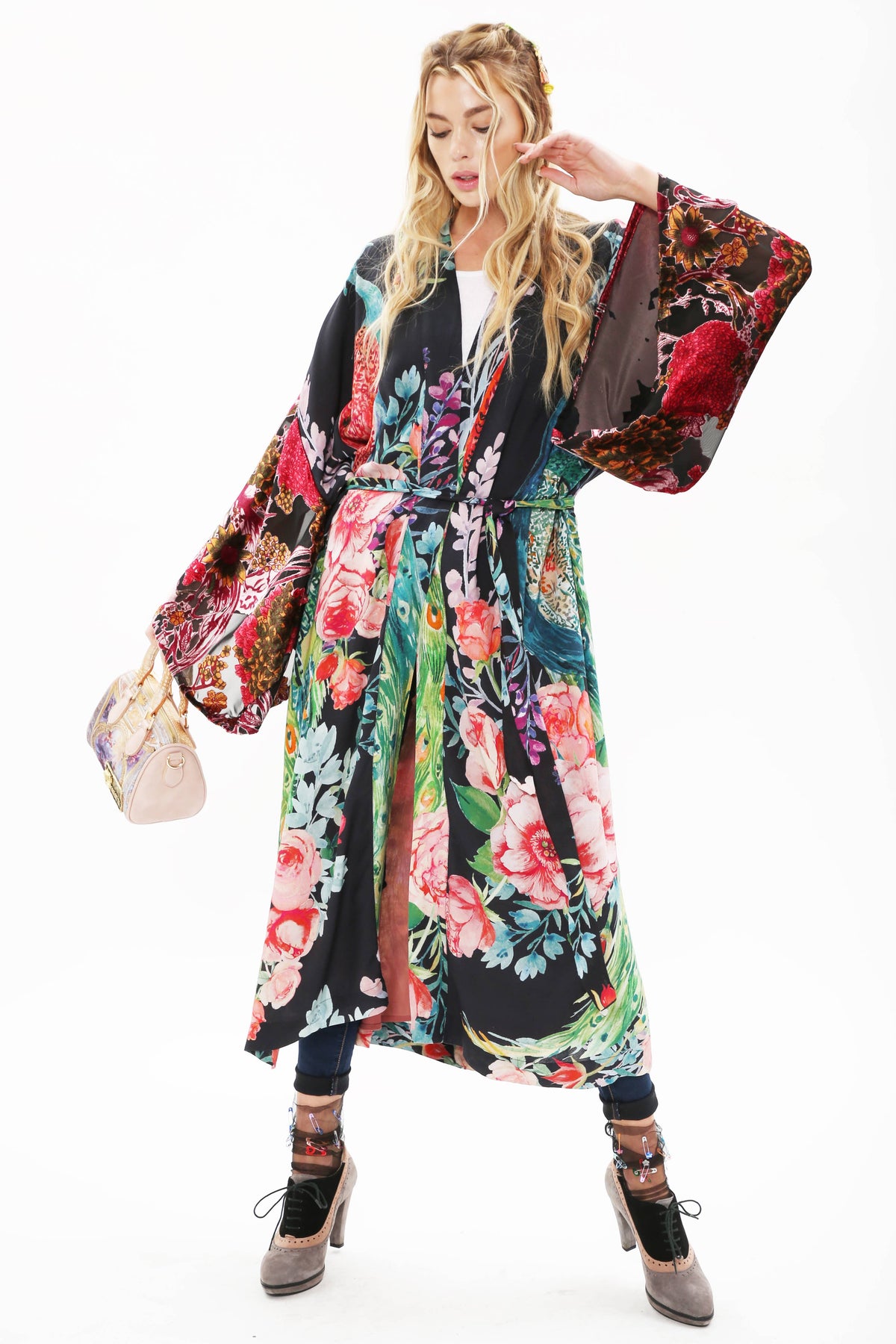 Sweet Fantasy Kimono | Peacock Floral Print | Women's Kimono: Night Peacock Print / One Size