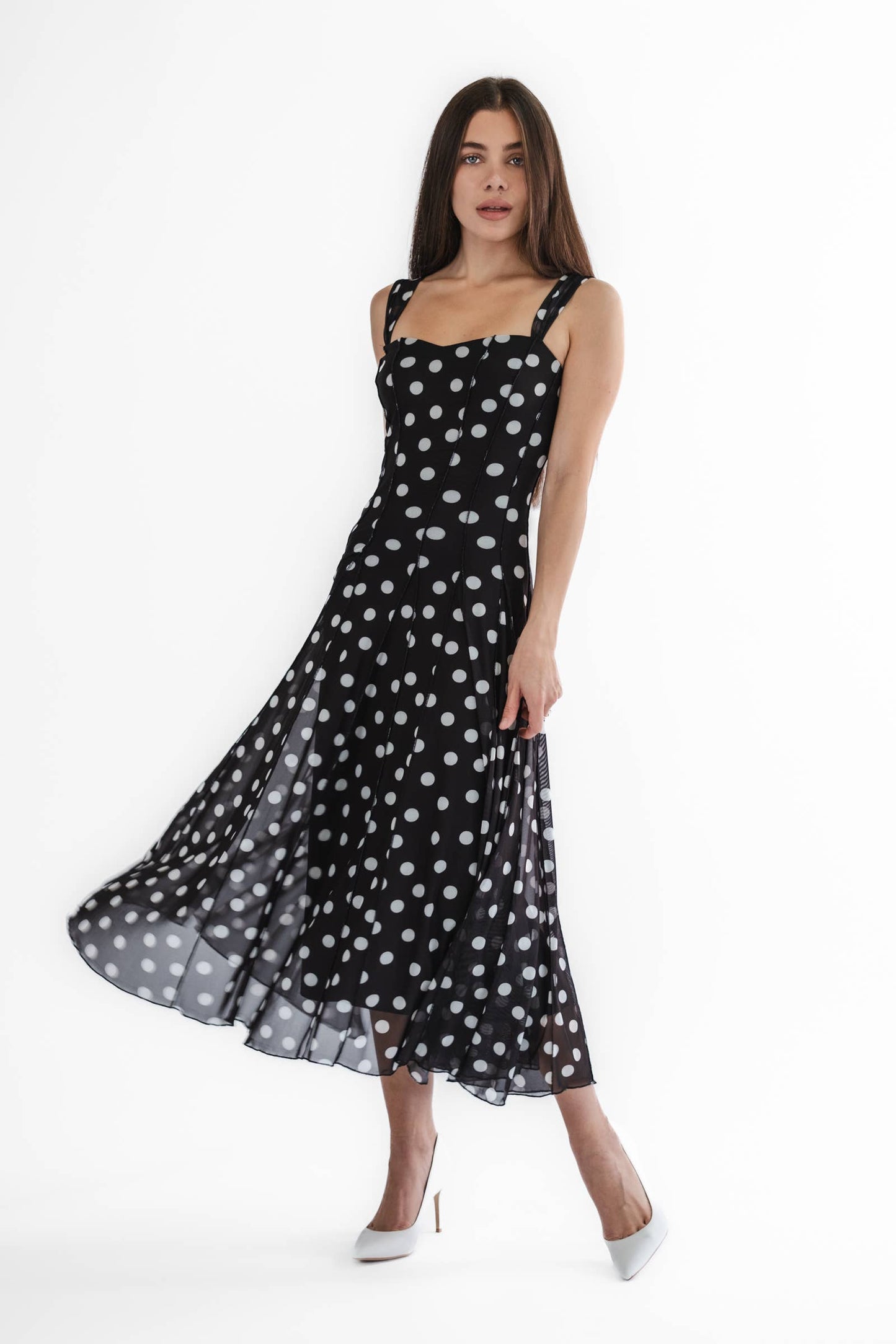 TARA Sleeveless Tea Length Mesh Fit N Flare Paneled Dress  - Elana Kattan