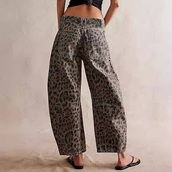Casual Loose Mid-Rise Straight-Leg Women's Jeans: Brown Leopard / M