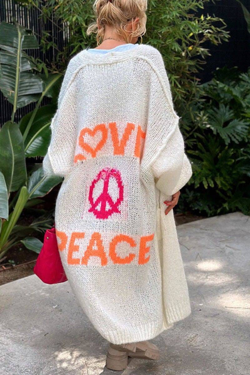 Love & Peace Graphic Cardigan: BEIGE / SM