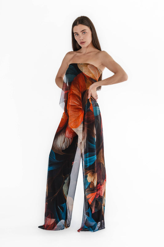 DELILA Strapless Printed Jumpsuit With Overlay - Elana Kattan