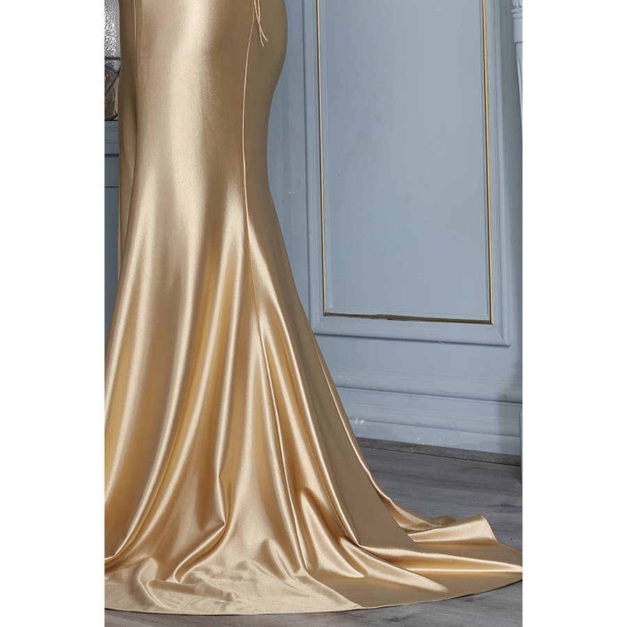 Embroidered Illusion Corset Satin Gown: Champagne / 8