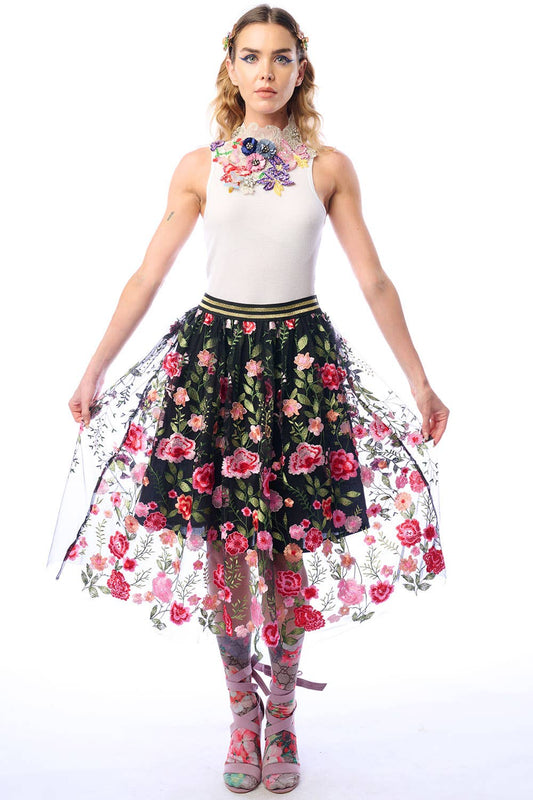 Dark Rose Embroidered Skirt: S