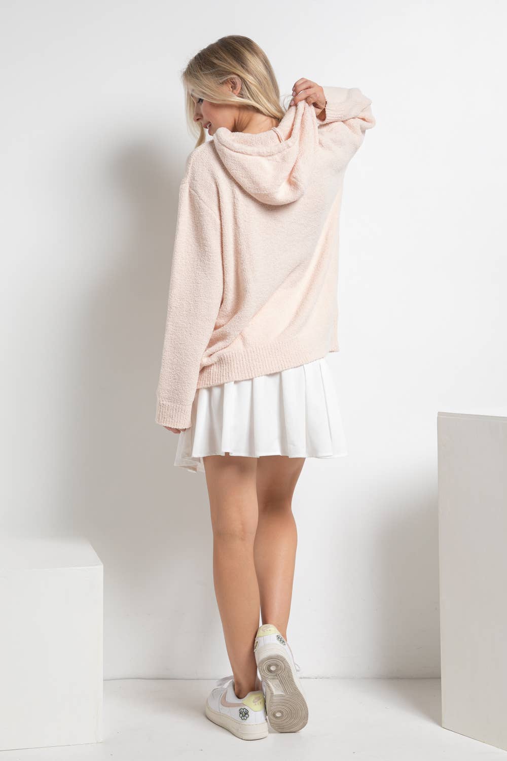 17376W - Fuzzy Cozy Hooded Smiley Sweater: DUSTY BLUE / M/L