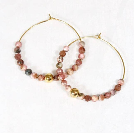 Faceted Semi Precious Stone Beaded Hoop Earrings - E042