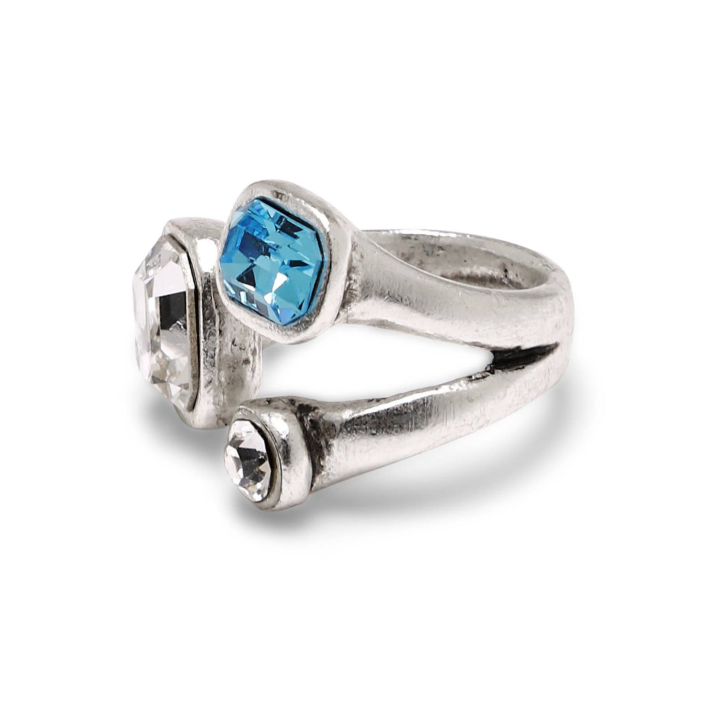 Handmade Clear Blue Crystal Brass Ring - 6984