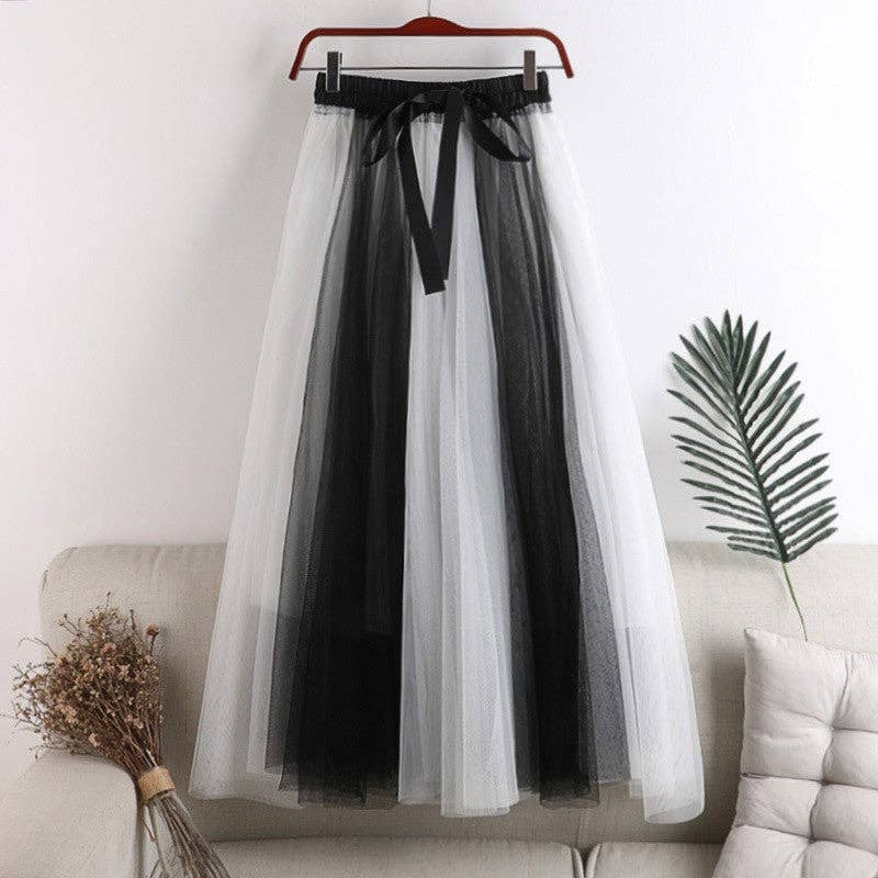 Color-Block Tulle Midi Puff Half Skirt: BLUE / One_size