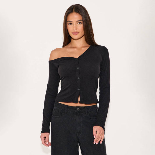 Asymmetrical Neck Long Sleeve Button Knit Cardigan T-Shirt: E25T1624-029 / L