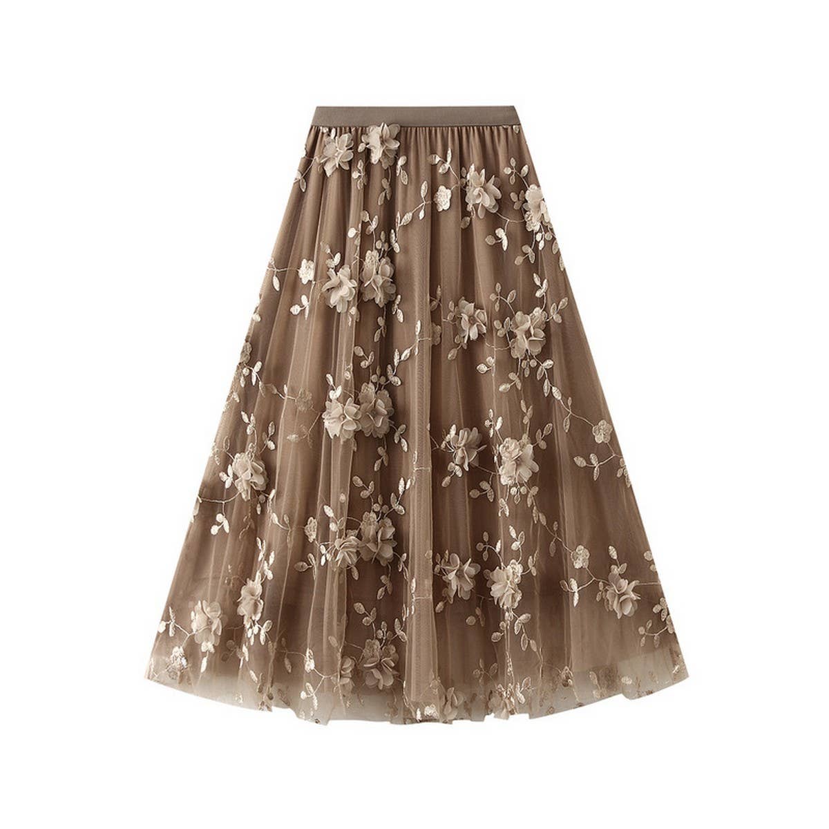 Embroidered Tulle A-Line Maxi Skirt Plus Size_CWBMS0370: Black / (OS) 1