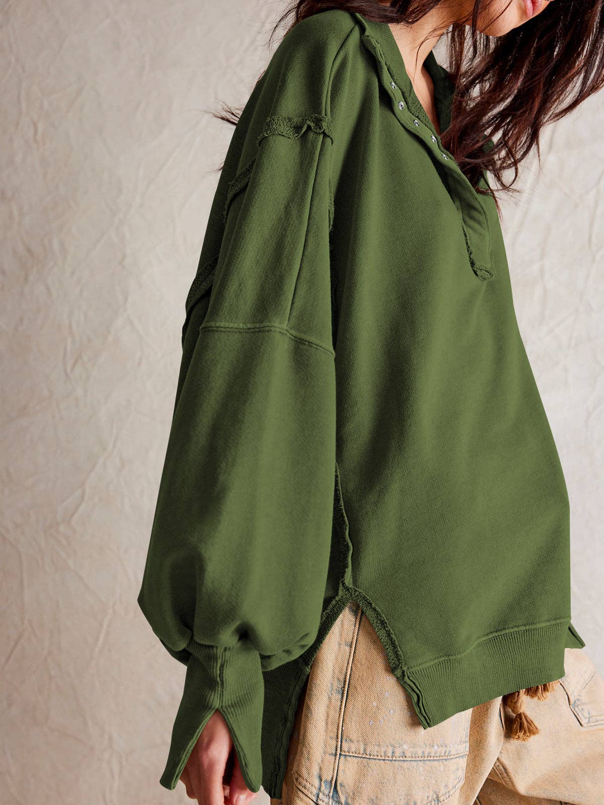 Trendy Casual Polo Neck Sweatshirt with Lantern Sleeves: E24W0340-006 / S