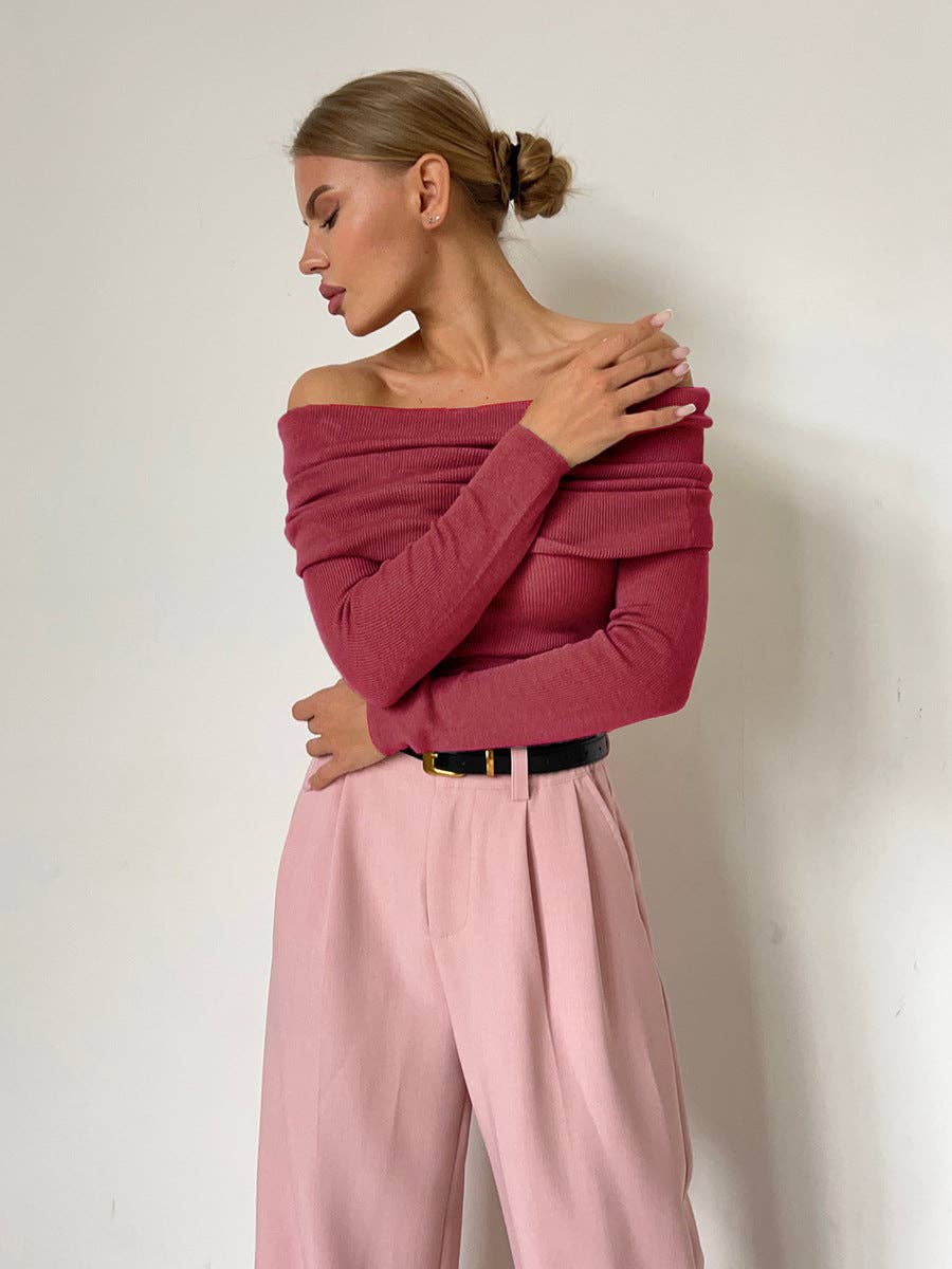 Off-Shoulder Knitted Top Slim Fit Solid Color Long Sleeve Pullover: Oatmeal / M