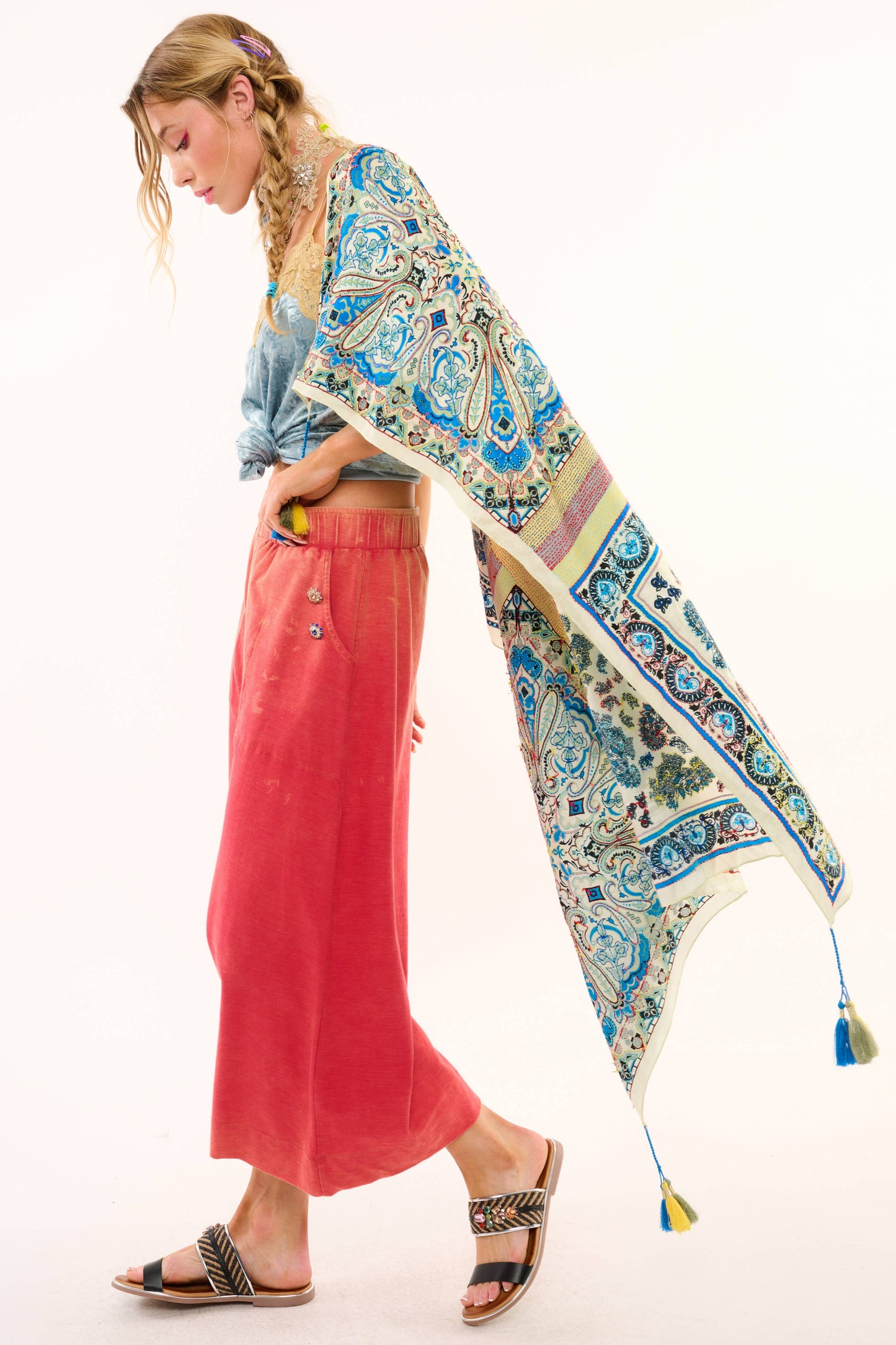 Crafted Hand Stitched Silk Scarf: Sage/Blue Combo / One Size