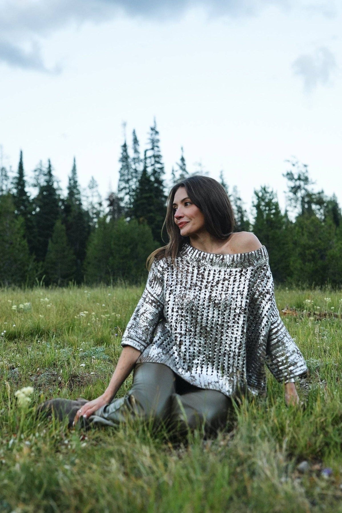 Cotton Metallic Crochet Boatneck Sweater - Turtle/Silver