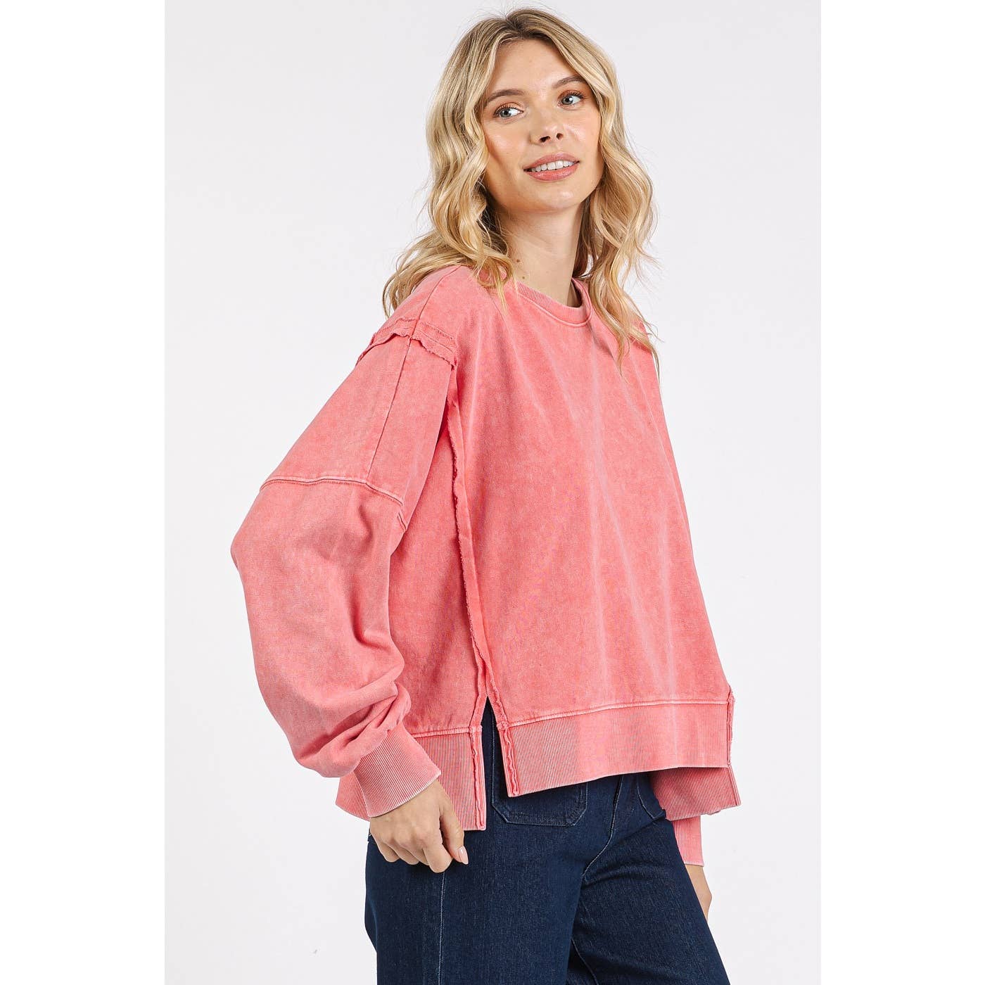 Mineral Wash Step Hem Crew Neck Long Sleeve Top S15459