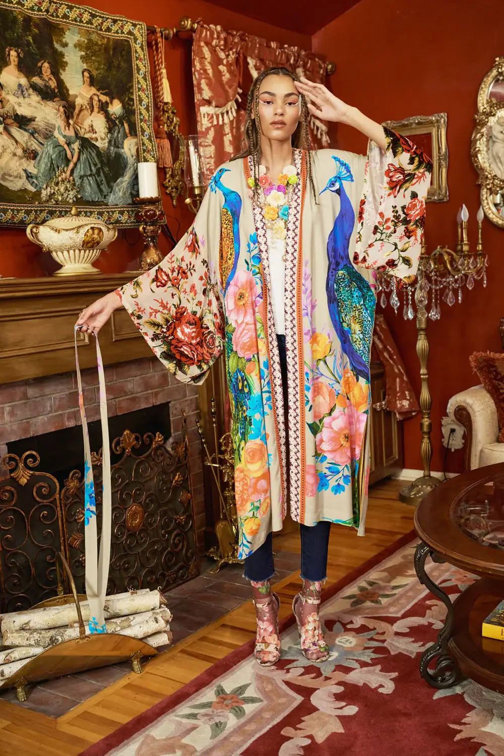 Fantasy Kimono - Beige |Peacock Mesh Sleeve Romantic Robe: Soft Moon / One Size